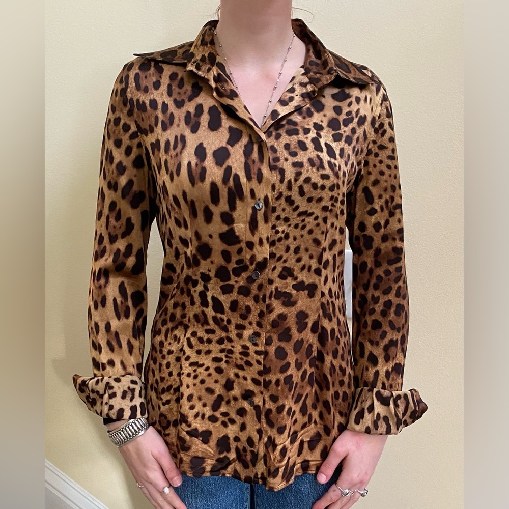 Leopard Print Button-Up Blouse - Brown